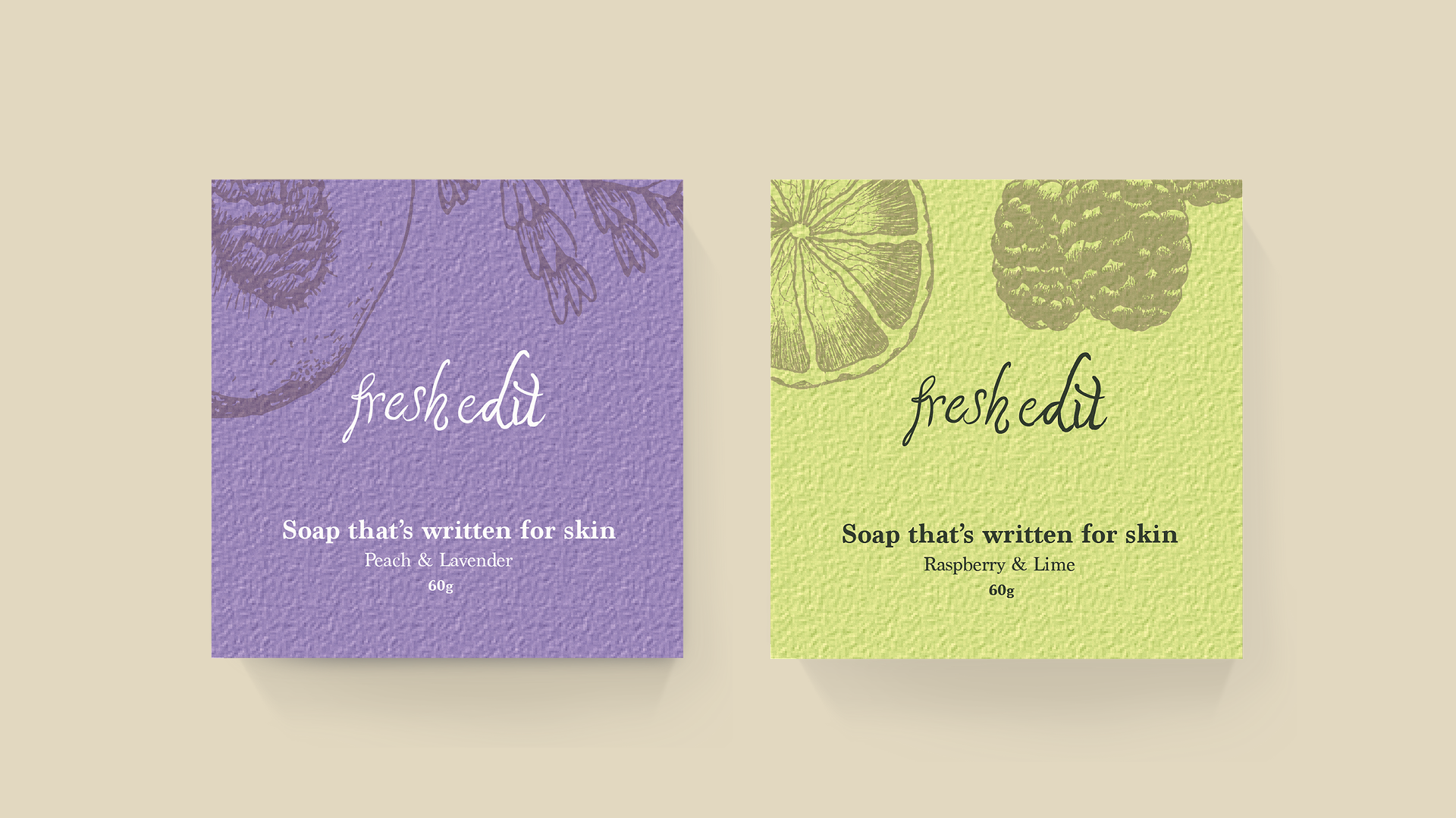 Peach & Lavender plus Raspberry & Lime soap packaging alternative products mocked up