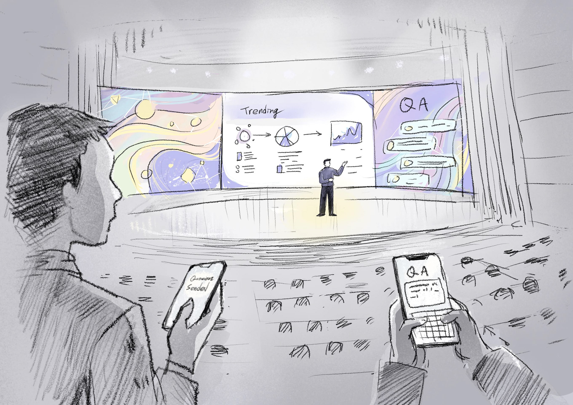 The band and the audience interact to co-create the final performance. Sketch by Nien Chung 鍾念恩