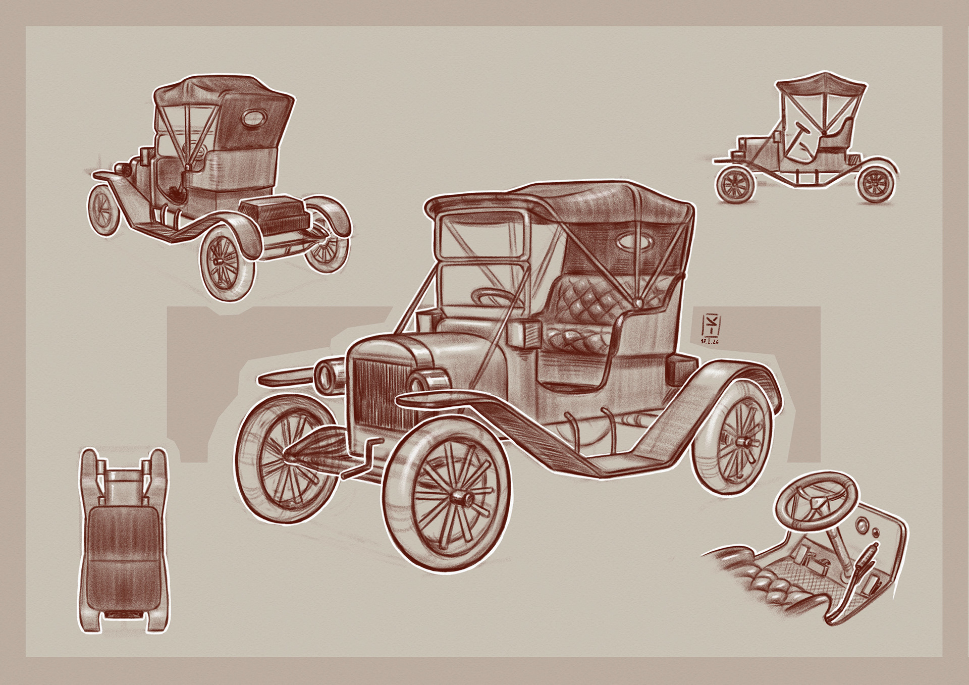 Retro car, sketching, composition