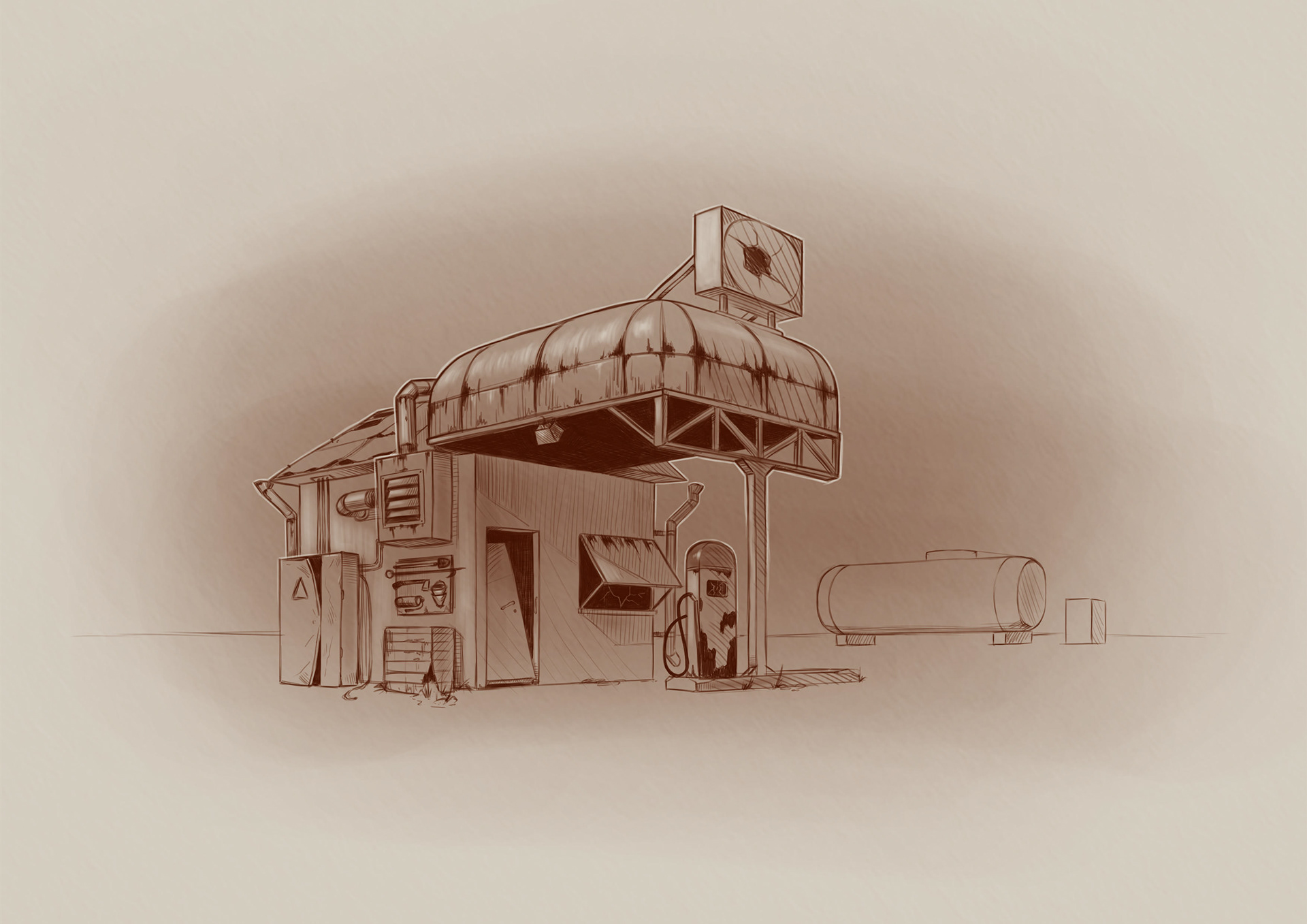 Old gas station, concept art sketch