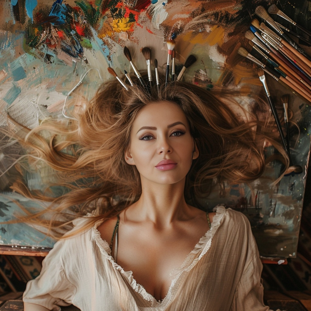Jolanta Rabenstein a swiss artist with long hair and paint brushes on a table