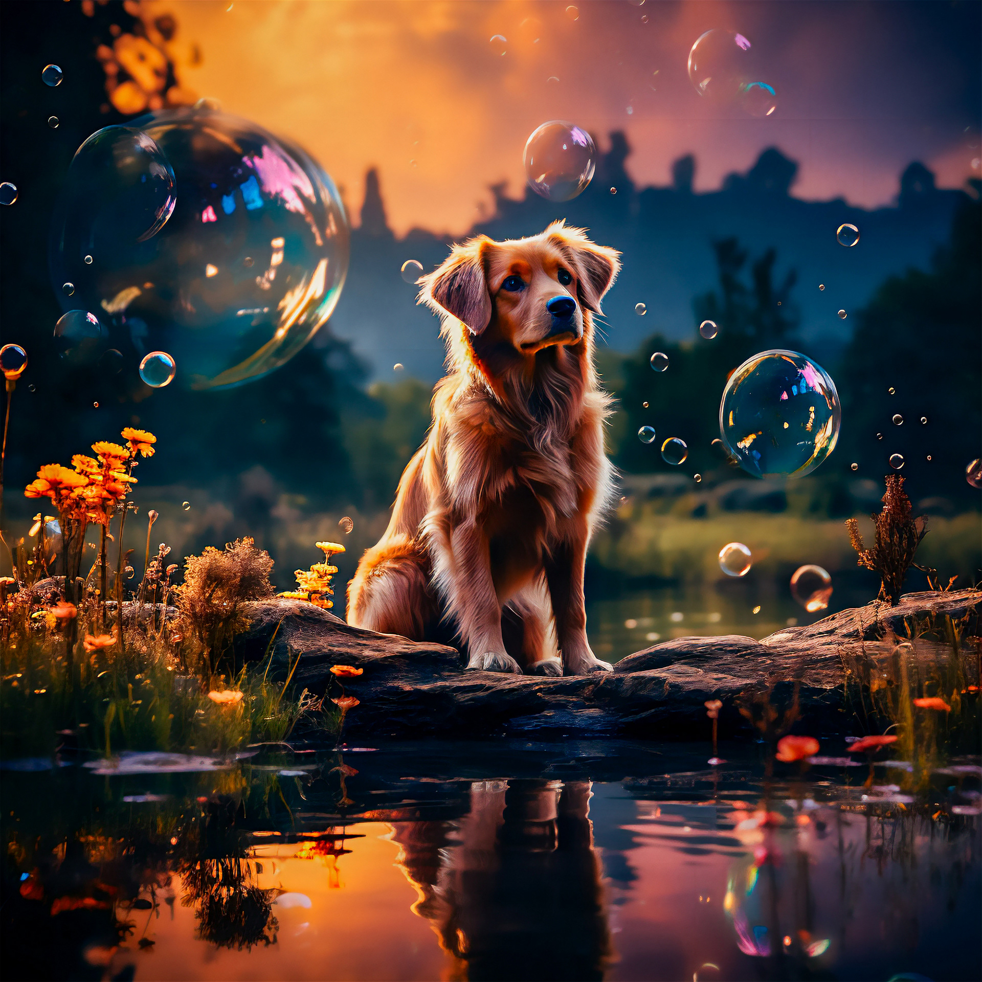 Perro gracioso con pompas de jabón