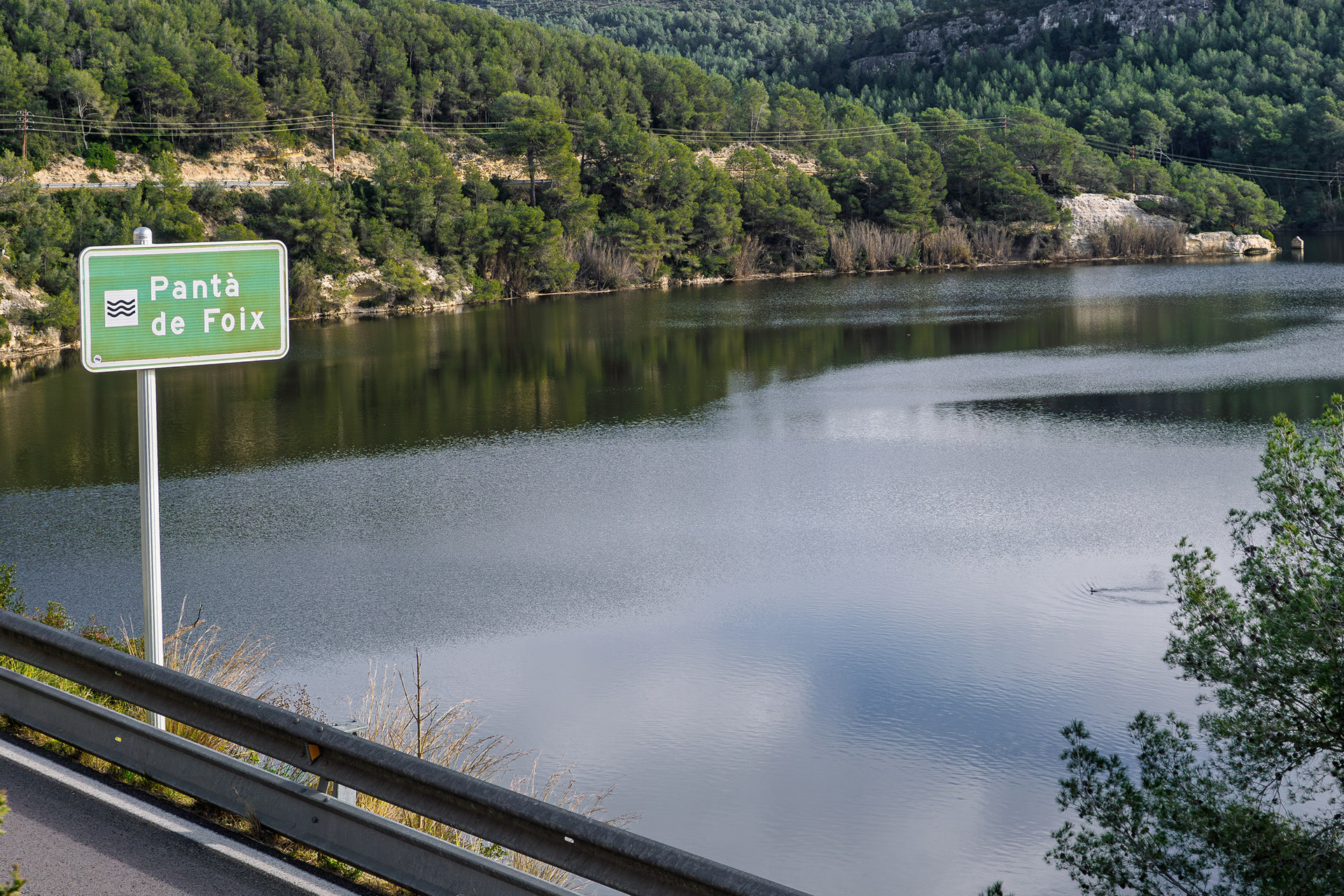 A serpentine road tracing the reservoir's edge.