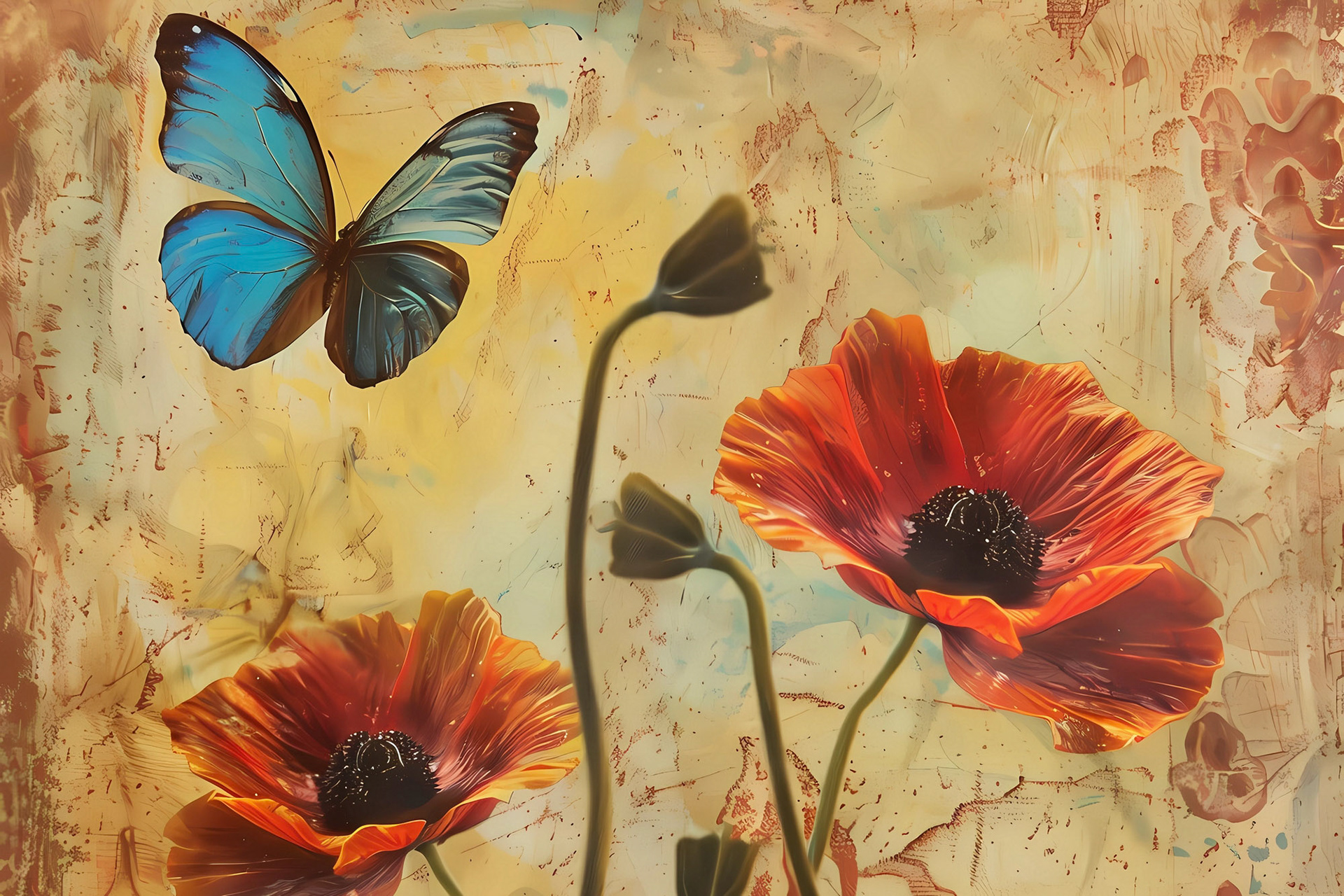 Mariposa volando junto a unas flores.