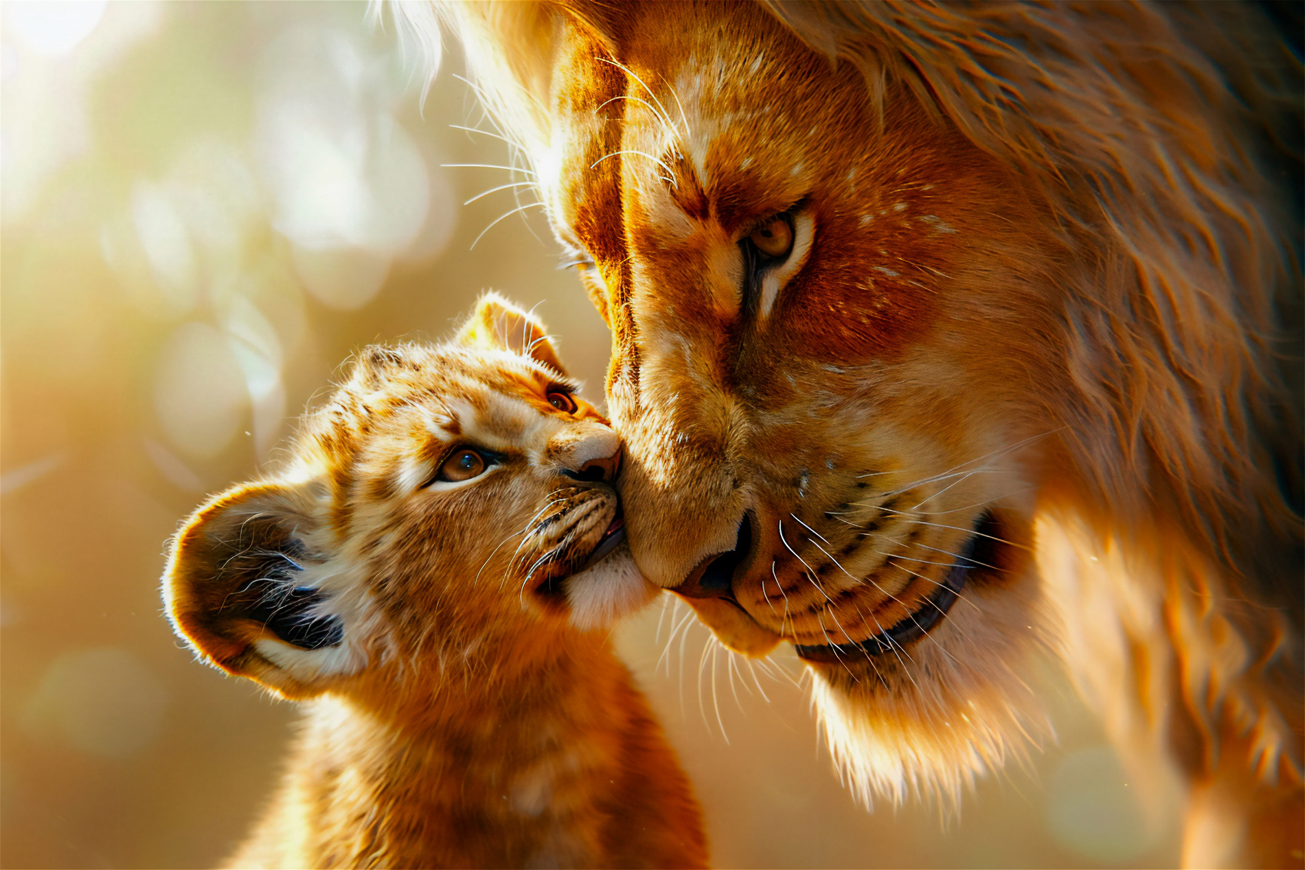 Papá león cuida a su hijo