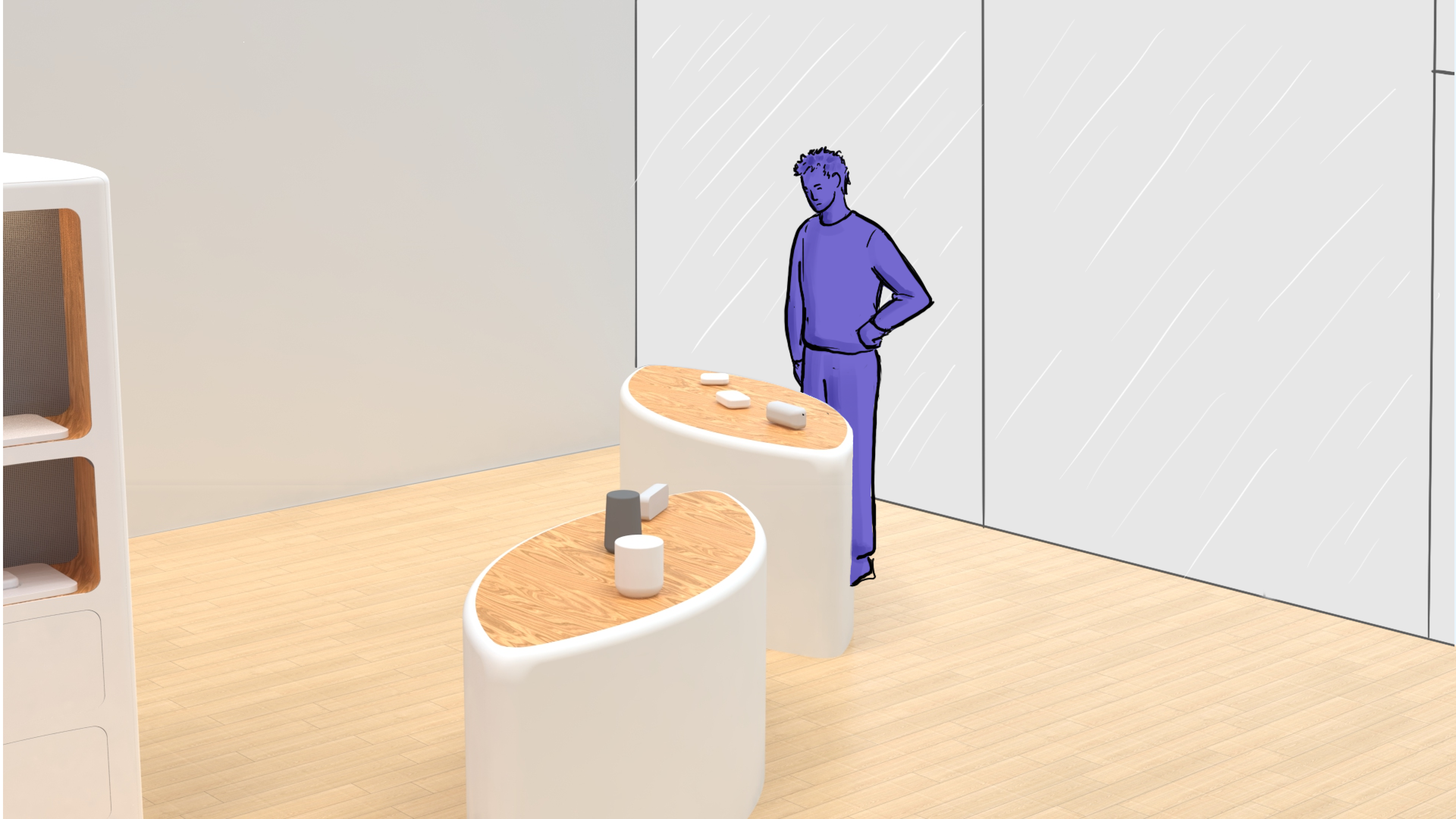Rex wanders, checking out the Display Desks