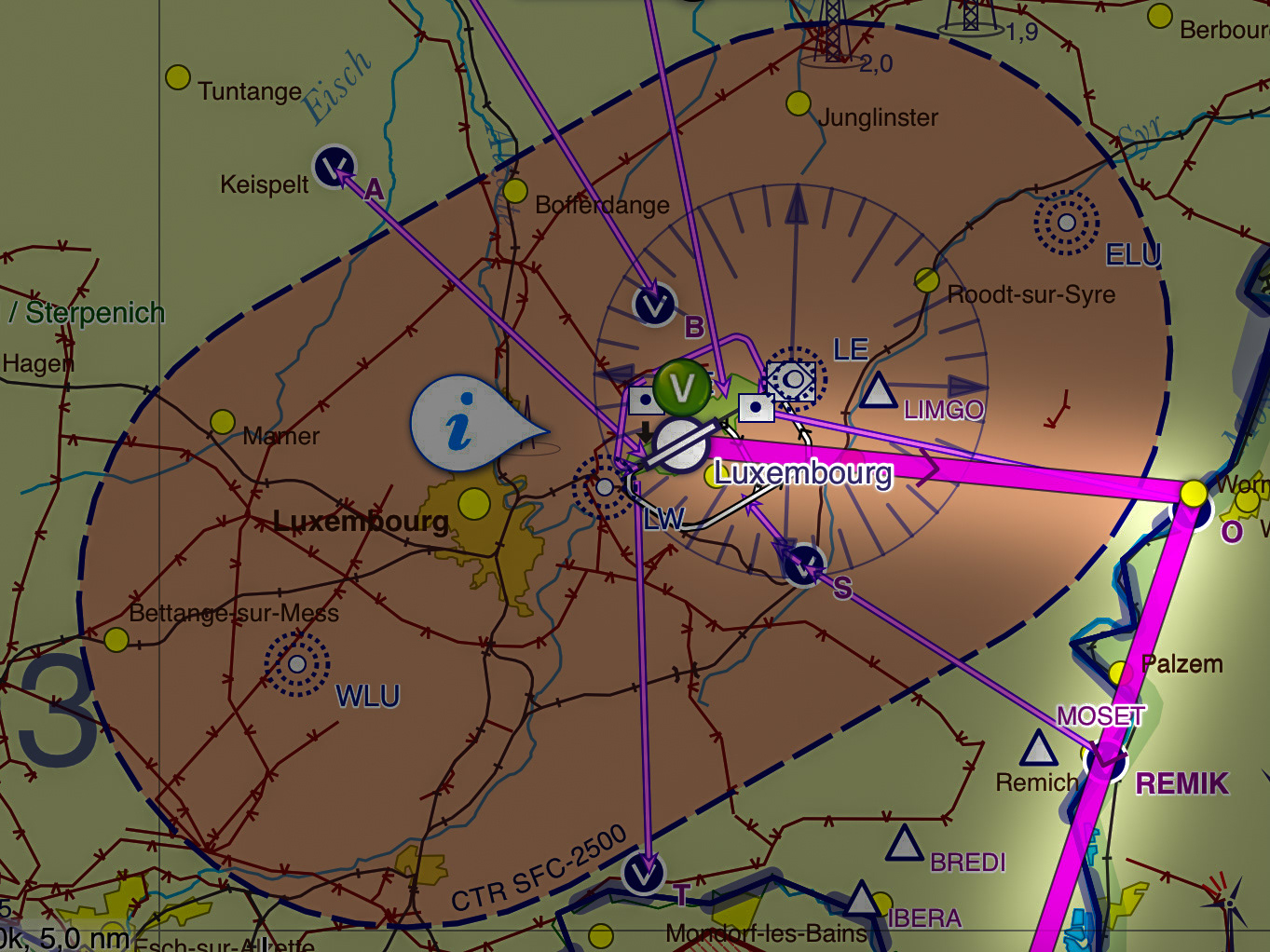 Our originally planed route. Flying at 2000ft to VRP Oscar, then direct to our first WPT.