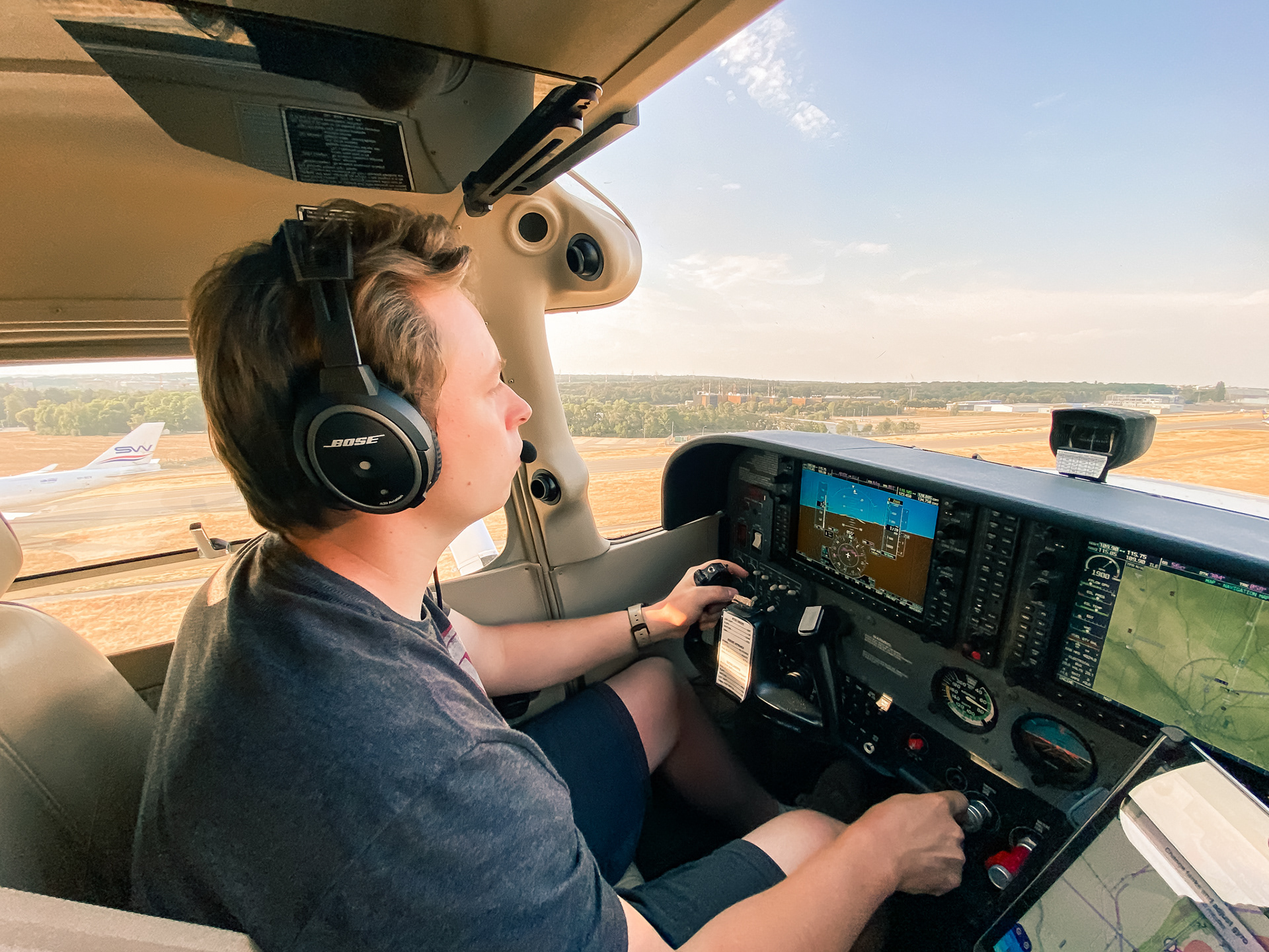 Me flying my Cessna down the runway.