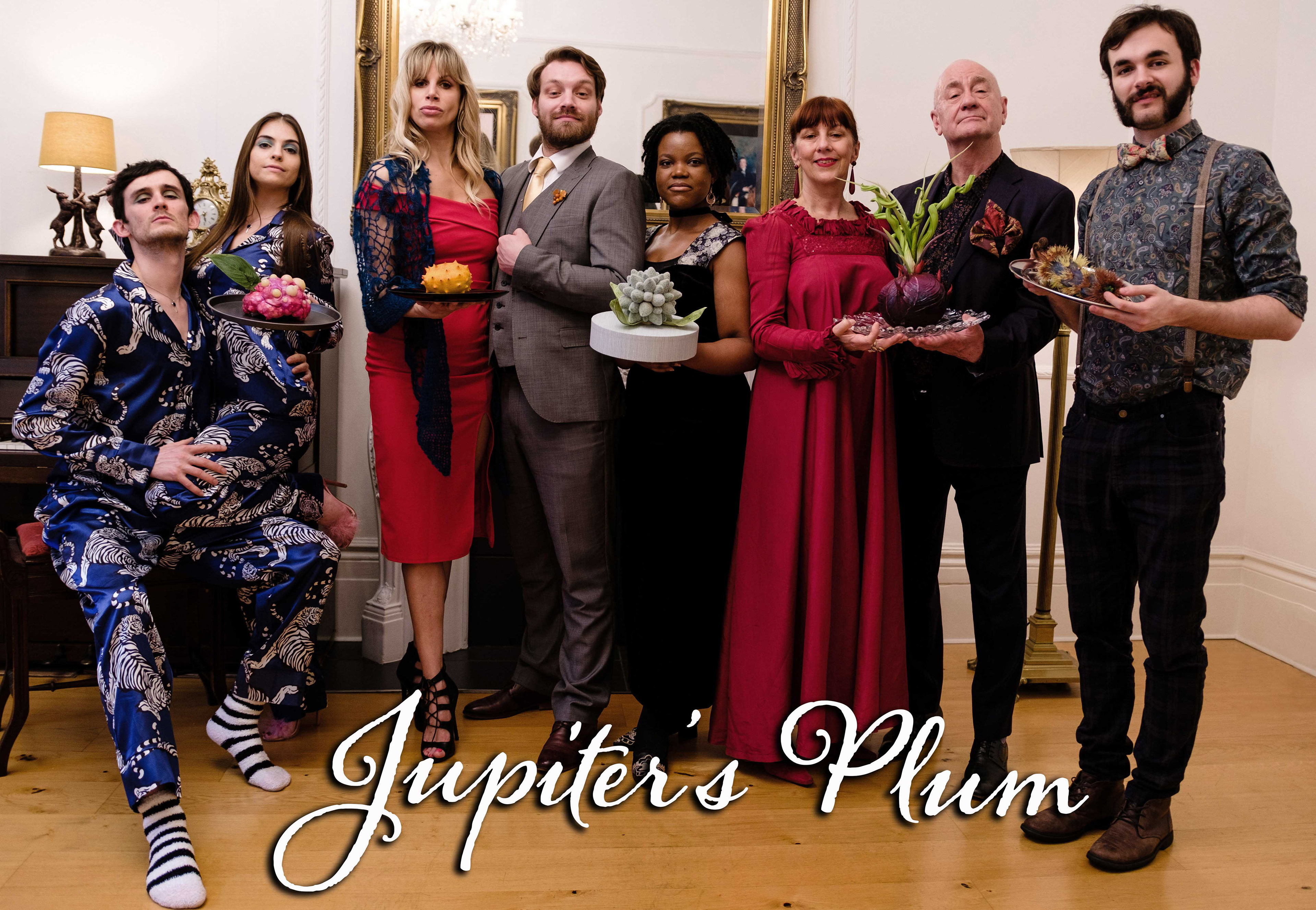 JUPITER'S PLUM cast with Sugavision's other worldly fruit creations. Costume Design by Liisa Zukova