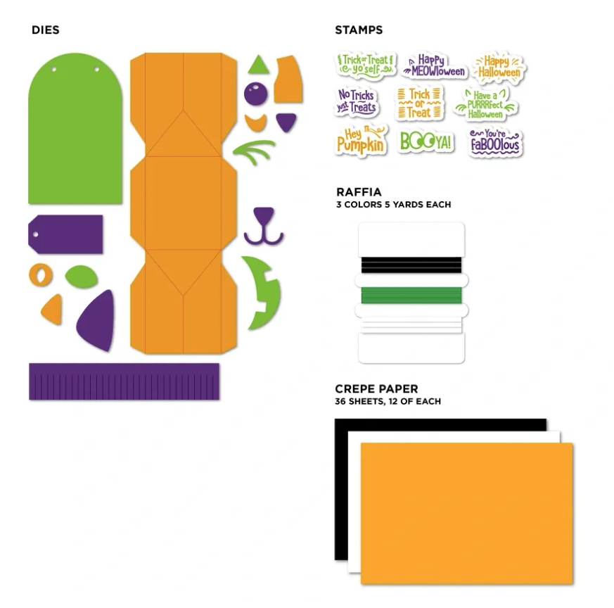 The dies and pieces included in the kit to create the treat boxes.  I designed the dielines, artwork and stamps for this kit, in collaboration with the team at Diamond Press.