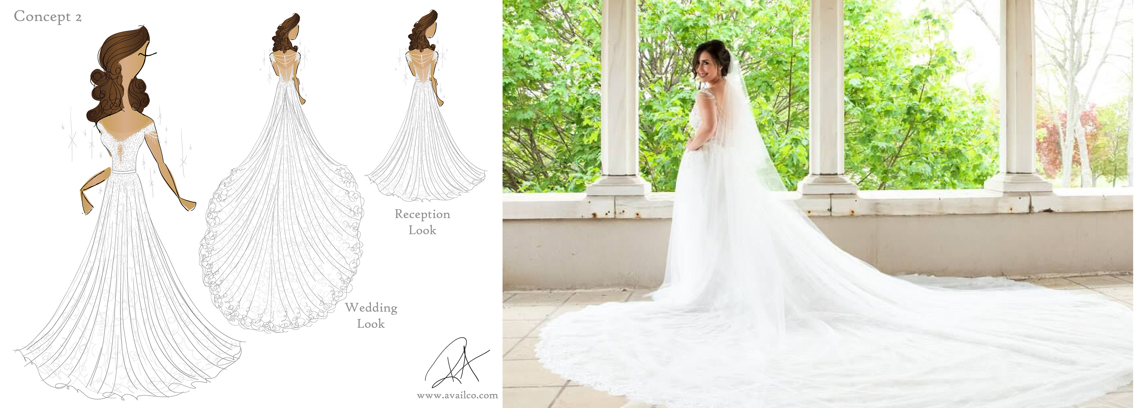 Wedding Dress fashion design.  I worked on this gown from concepting and sketching through to production, creating patterns, selecting materials and creating the beadwork design as well.