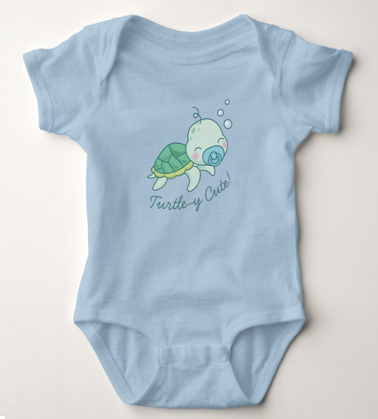 Baby sea turtle illustration I drew placed on a baby onsie for a baby shower gift.  I created the artwork and also set up the clothing design and typesetting. This is work I did as a freelance children's illustrator for a line of baby shower products.
