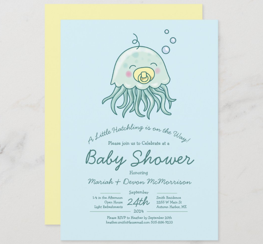 Baby jellyfish illustration I drew placed on an invitation for a baby shower.  I created the artwork and also set up the Invitation design and typesetting. This is work I did as a freelance children's illustrator for a line of baby shower products.