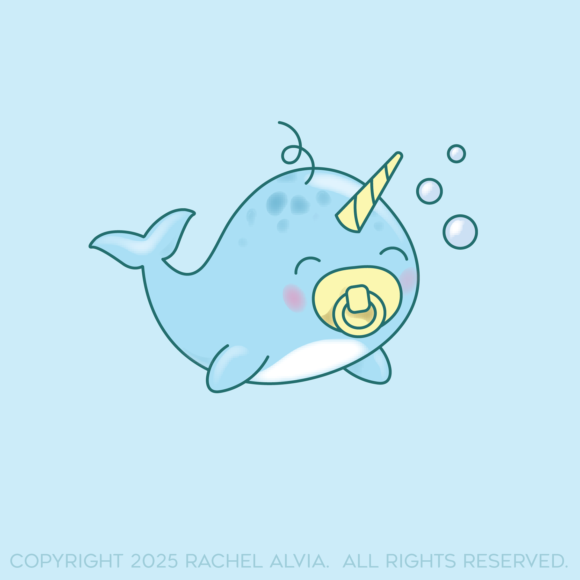 Baby Narwhal illustration I drew as a freelance children's illustrator for a line of baby shower products.