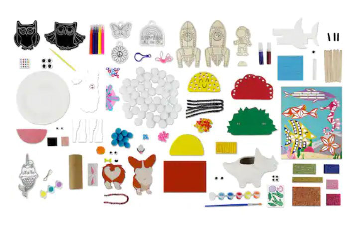 Components for this Mega Craft Box Kit laid out.  I designed the projects based on style guide artwork and then created the technical specifications and component call outs for mass manufacturing.  