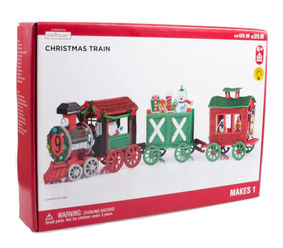 Finished product in retail packaging.  3D Foam Train Craft Activity Building Kit I designed for Michael's Creatology.