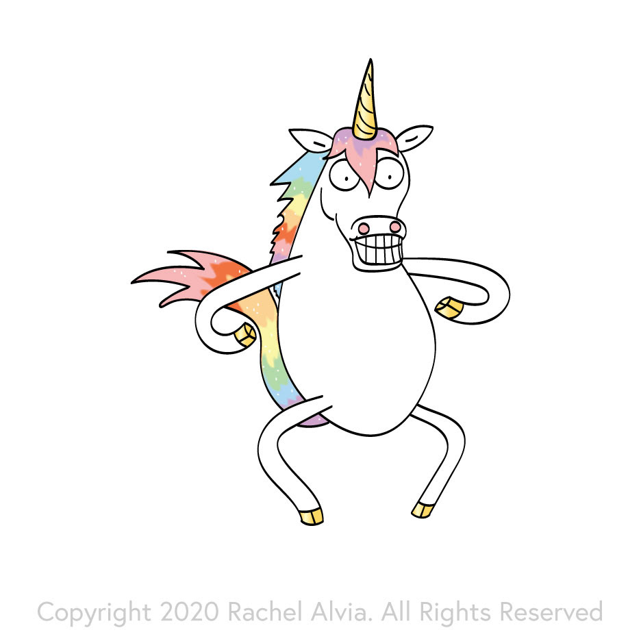 A unicorn in a frozen monkey pose.  Freelance Illustration I created for Gamely Games Froxen Unicorns.