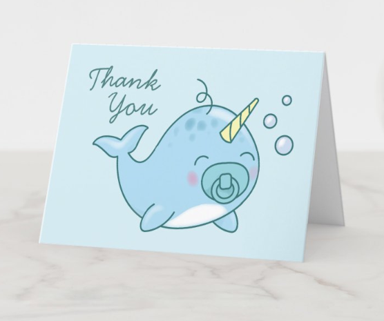 Baby narwhal illustration I drew placed on thank you cards for a baby shower.  I created the artwork and also set up the card design and typesetting. This is work I did as a freelance children's illustrator for a line of baby shower products.