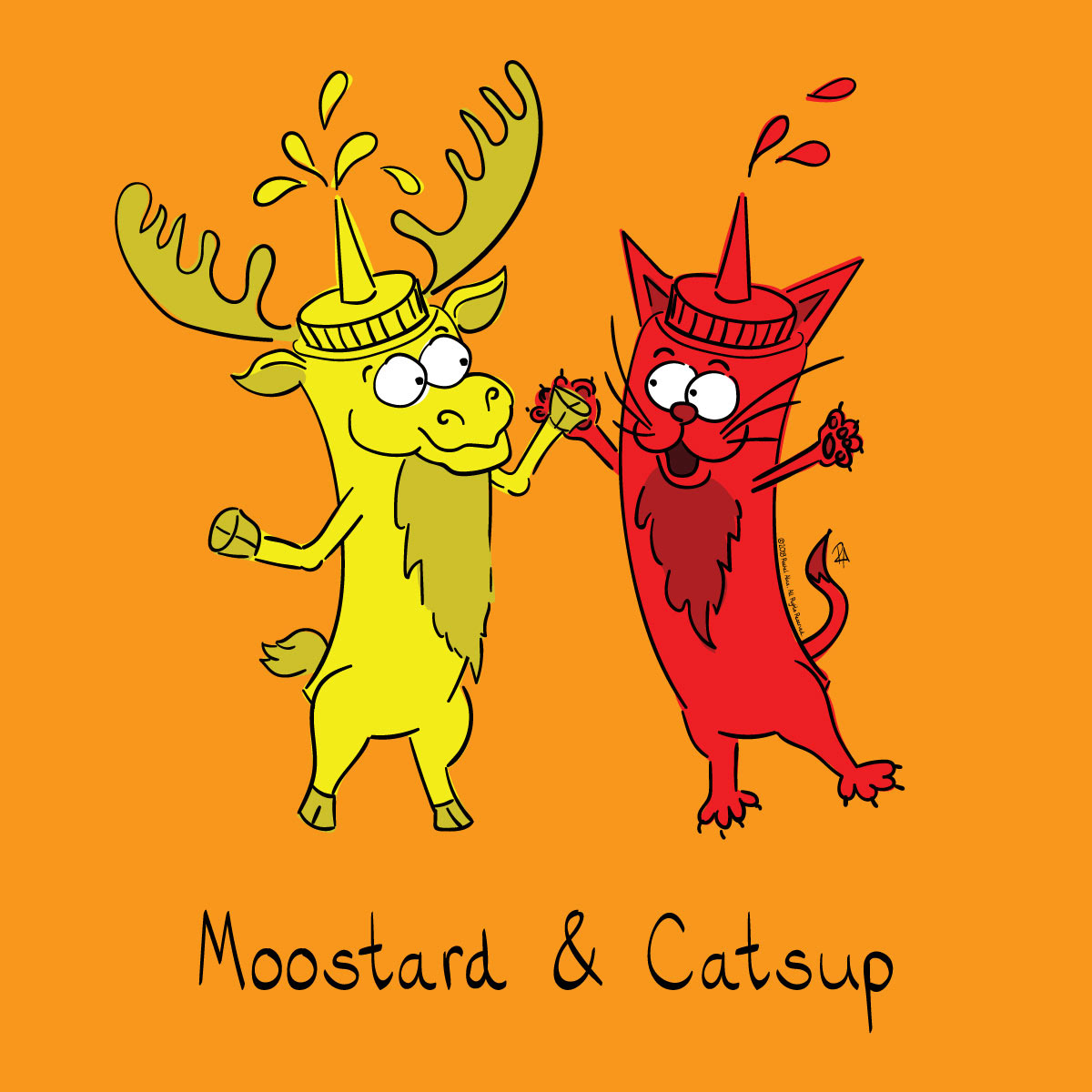 Catsup Mustard Moose and Cat illustration I created.  Freelance illustrator focusing on kid's, children's and baby cartoons and illustrations.