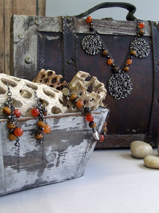 Necklace, bracelet and earring set I designed.  The 3D Cast metal charms were designed and manufactured for this set, and created all of the technical specifications for manufacturing.