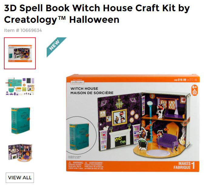 Website listing for 3D Spell Book Witch House Craft Kit that I designed for Michael's Creatology line.  