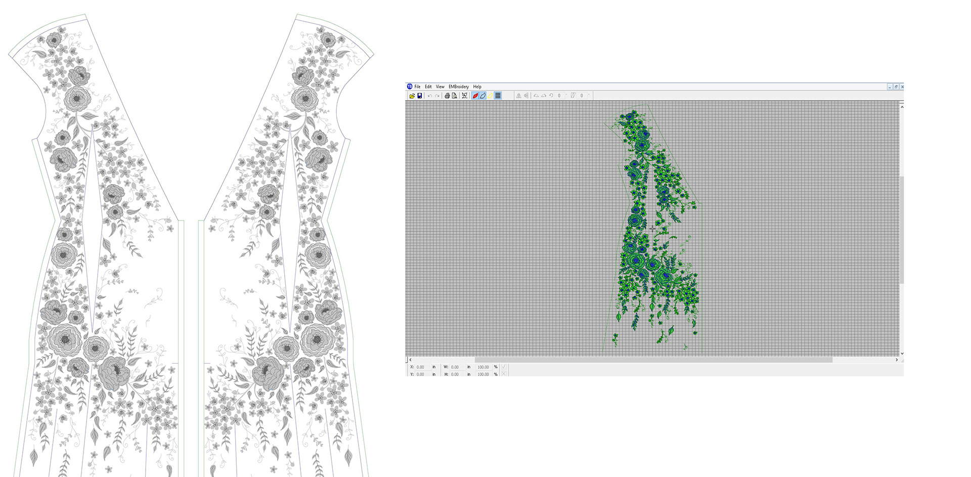 Technical embroidery design setup for manufacturing for a wedding gown.  I created the design as well as the embroidery files for production.
