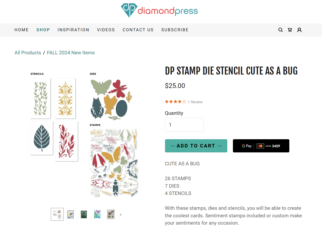 Web listing for the Bug theme stamp and die crafting and card amking kit that I designed for Diamond Press.