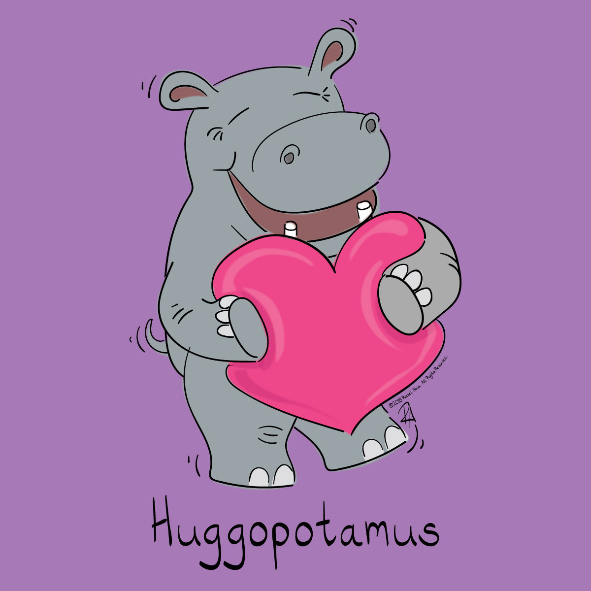 Hippo hugging a heart illustration I created.  Freelance illustrator focusing on kid's, children's and baby cartoons and illustrations.