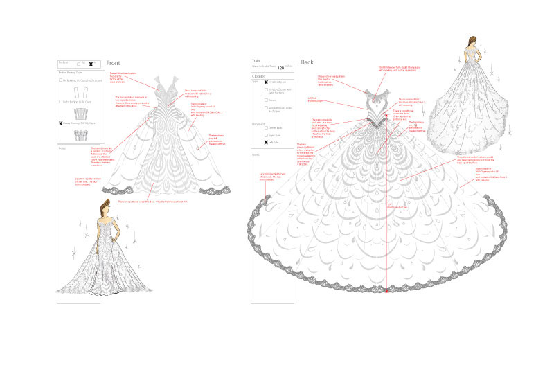 As a fashion designer I created this tech pack for an apparel design for wedding gown with heavy beading and detail work..  A technical pack includes all of the specifications, patterns, drawings, material call outs and notes needed to mass produce a fashion or sewn goods item.