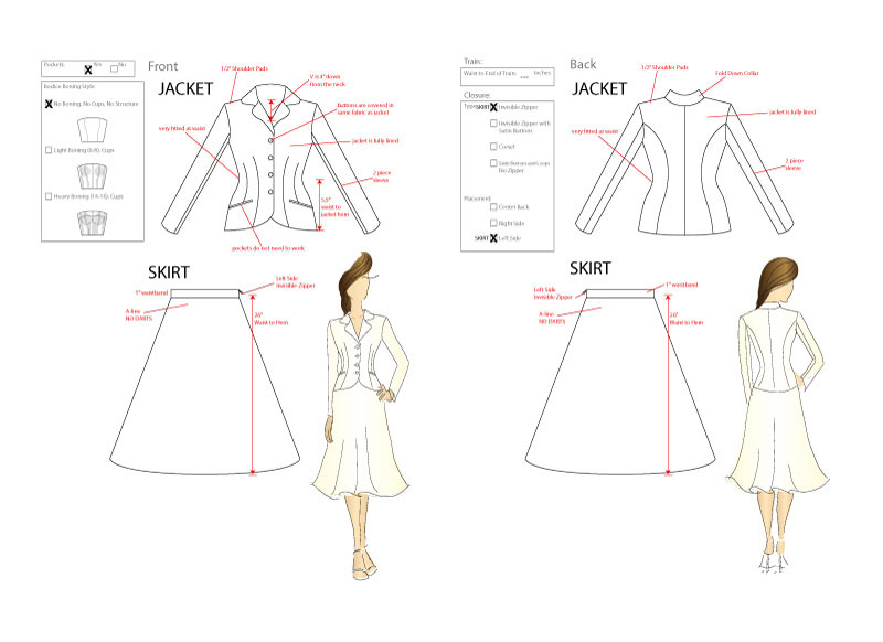 As a fashion designer I created this tech pack for an apparel design for a women's suit.  A technical pack includes all of the specifications, patterns, drawings, material call outs and notes needed to mass produce a fashion or sewn goods item.