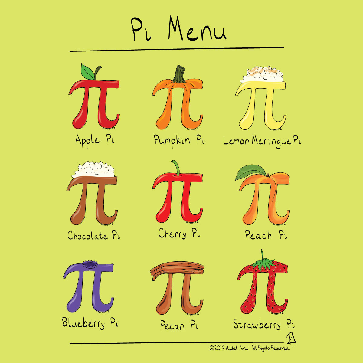 Pi Menu, Pi Day Symbol illustration I created.  Freelance illustrator focusing on kid's, children's and baby cartoons and illustrations.