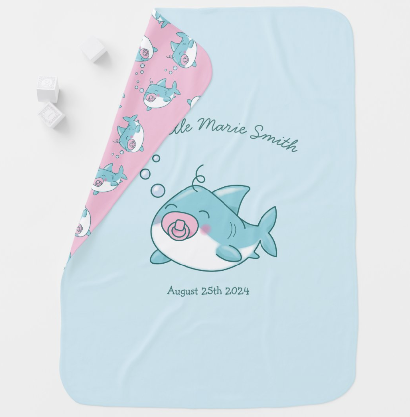 Baby shark illustration I drew placed on a custom baby blanket gift for a baby shower.  I created the artwork and also set up the design and typesetting. This is work I did as a freelance children's illustrator for a line of baby shower products.