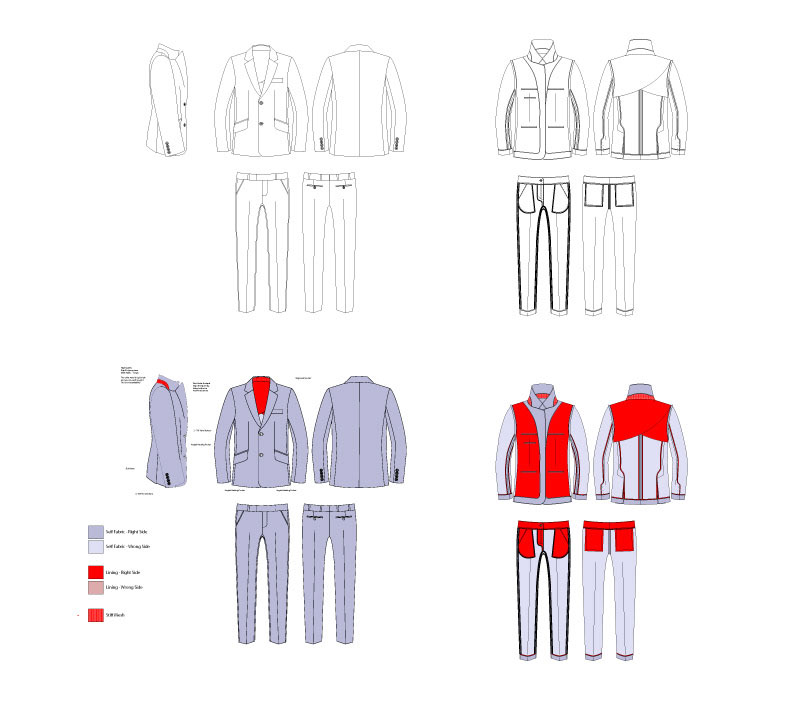 As a fashion designer I created this tech pack for an apparel design for a men's suit.  A technical pack includes all of the specifications, patterns, drawings, material call outs and notes needed to mass produce a fashion or sewn goods item.