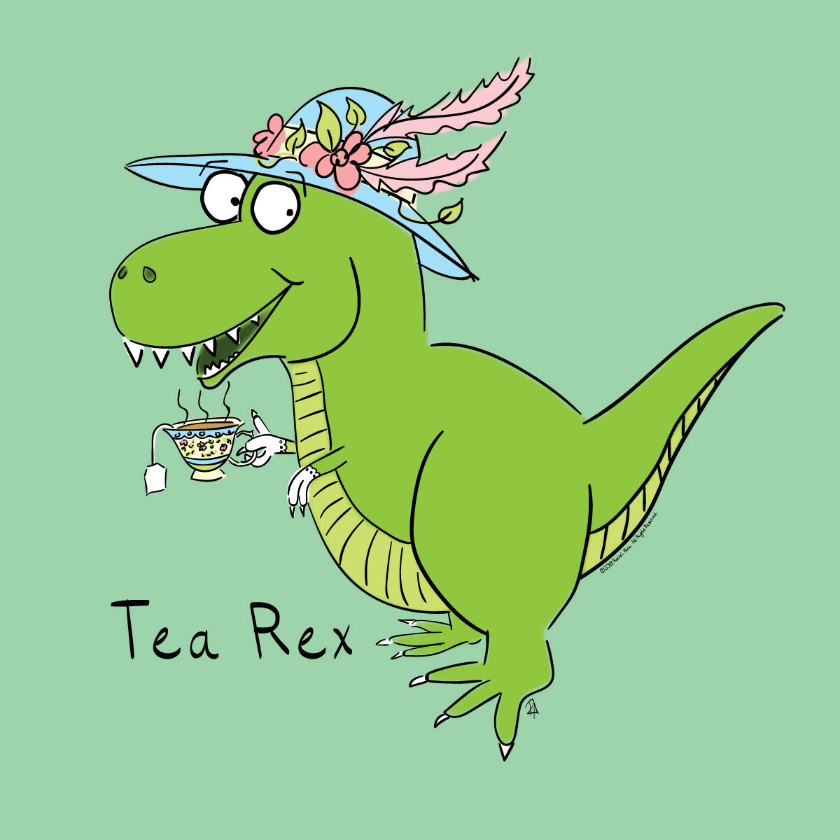 Tea Rex illustration I created.  Freelance illustrator focusing on kid's, children's and baby cartoons and illustrations.