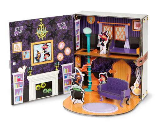 Inside view of the 3D spell book witch house I designed for Michael's Creatology.  The components included chipboard for the structure and furniture, paper straws, stickers, poms, and wiggle eyes.  