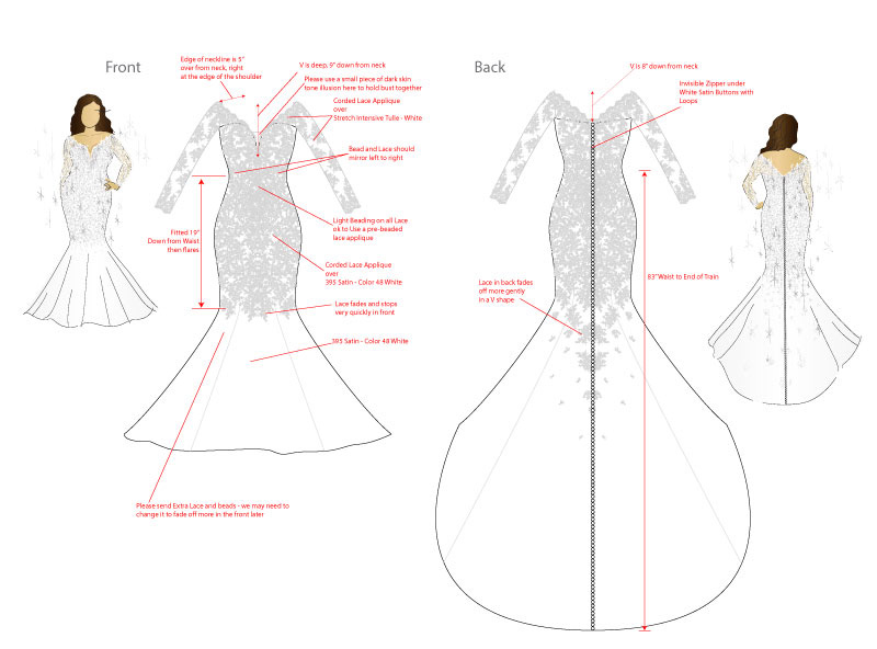 As a fashion designer I created this tech pack for an apparel design for wedding gown.  A technical pack includes all of the specifications, patterns, drawings, material call outs and notes needed to mass produce a fashion or sewn goods item.