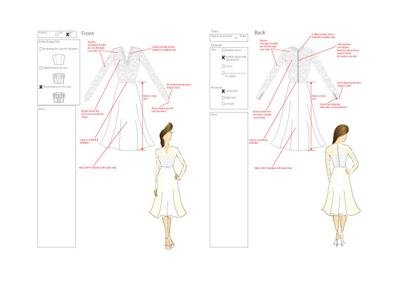 As a fashion designer I created this tech pack for an apparel design for wedding gown.  A technical pack includes all of the specifications, patterns, drawings, material call outs and notes needed to mass produce a fashion or sewn goods item.