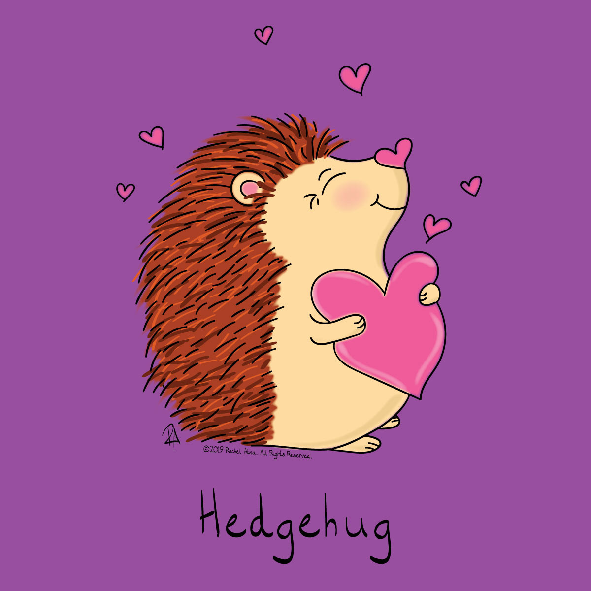 Hedgehog Hugging a heart illustration I created.  Freelance illustrator focusing on kid's, children's and baby cartoons and illustrations.