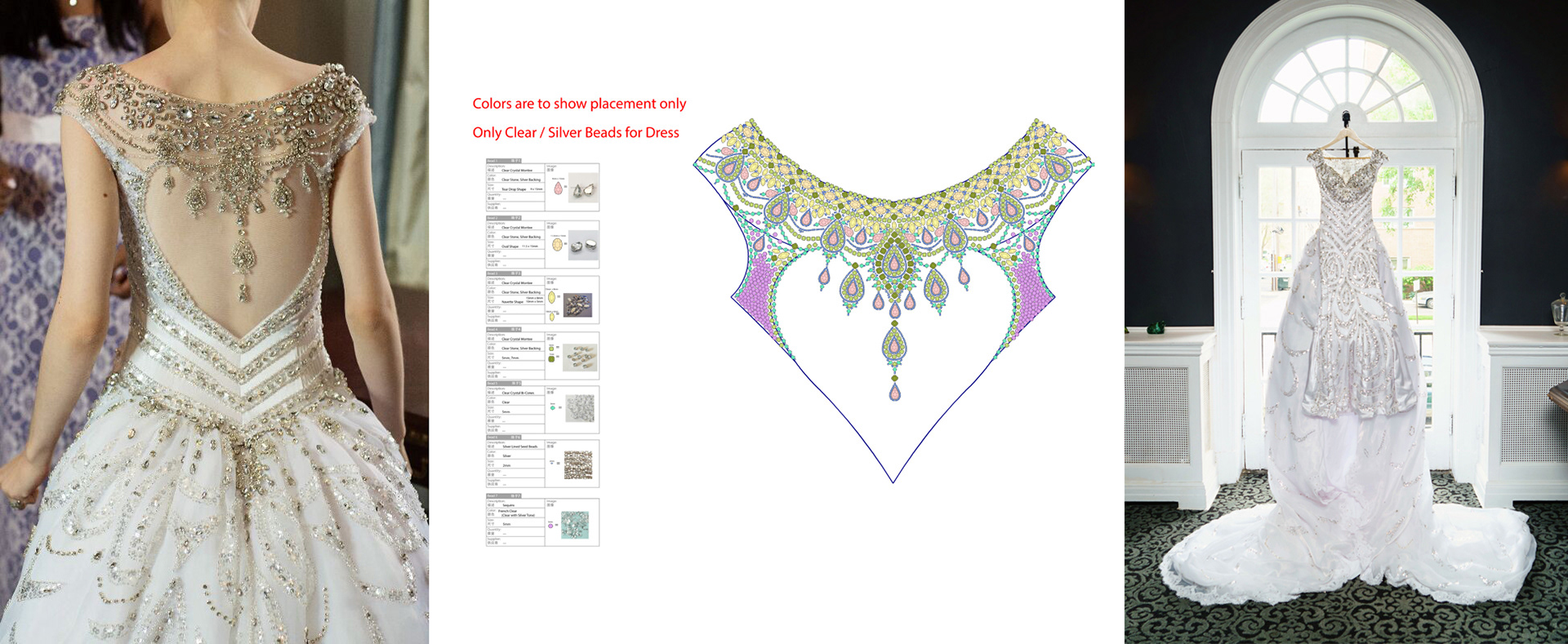 Detailed beadwork design that I created technical specs for manufacturing.  The finished product is shown on the left in close up and right in full.