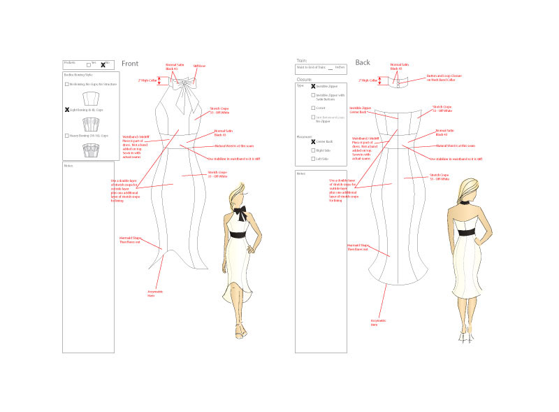 As a fashion designer I created this tech pack for an apparel design for wedding gown.  A technical pack includes all of the specifications, patterns, drawings, material call outs and notes needed to mass produce a fashion or sewn goods item.