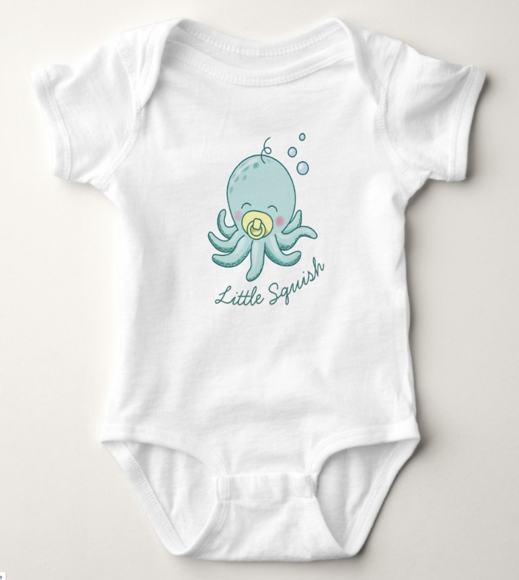 Baby octopus illustration I drew placed on a baby onsie for a baby shower gift.  I created the artwork and also set up the clothing design and typesetting. This is work I did as a freelance children's illustrator for a line of baby shower products.