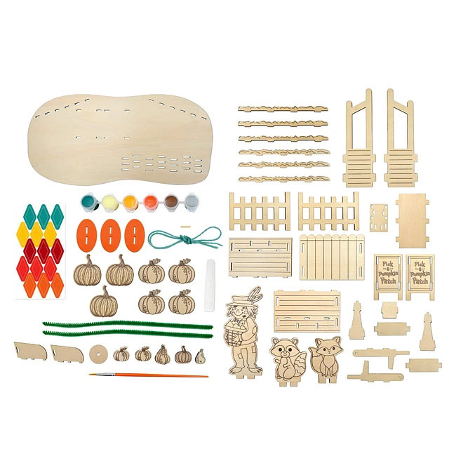 Pieces for the 3D wood building kit for Michael's Creatology.  I created the dielines and selected the components for mass manufacturing.