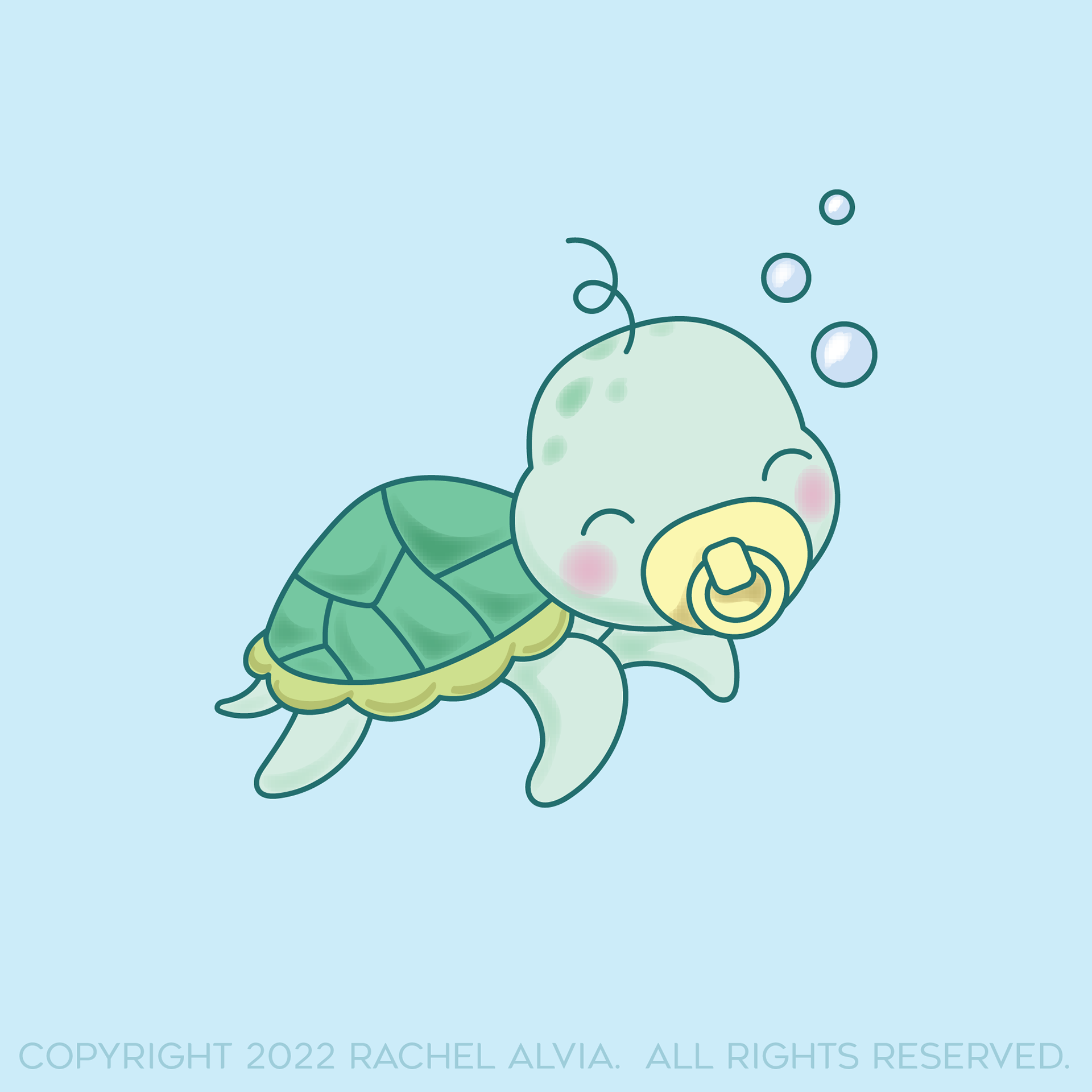 Baby sea turtle illustration I drew as a freelance children's illustrator for a line of baby shower products.