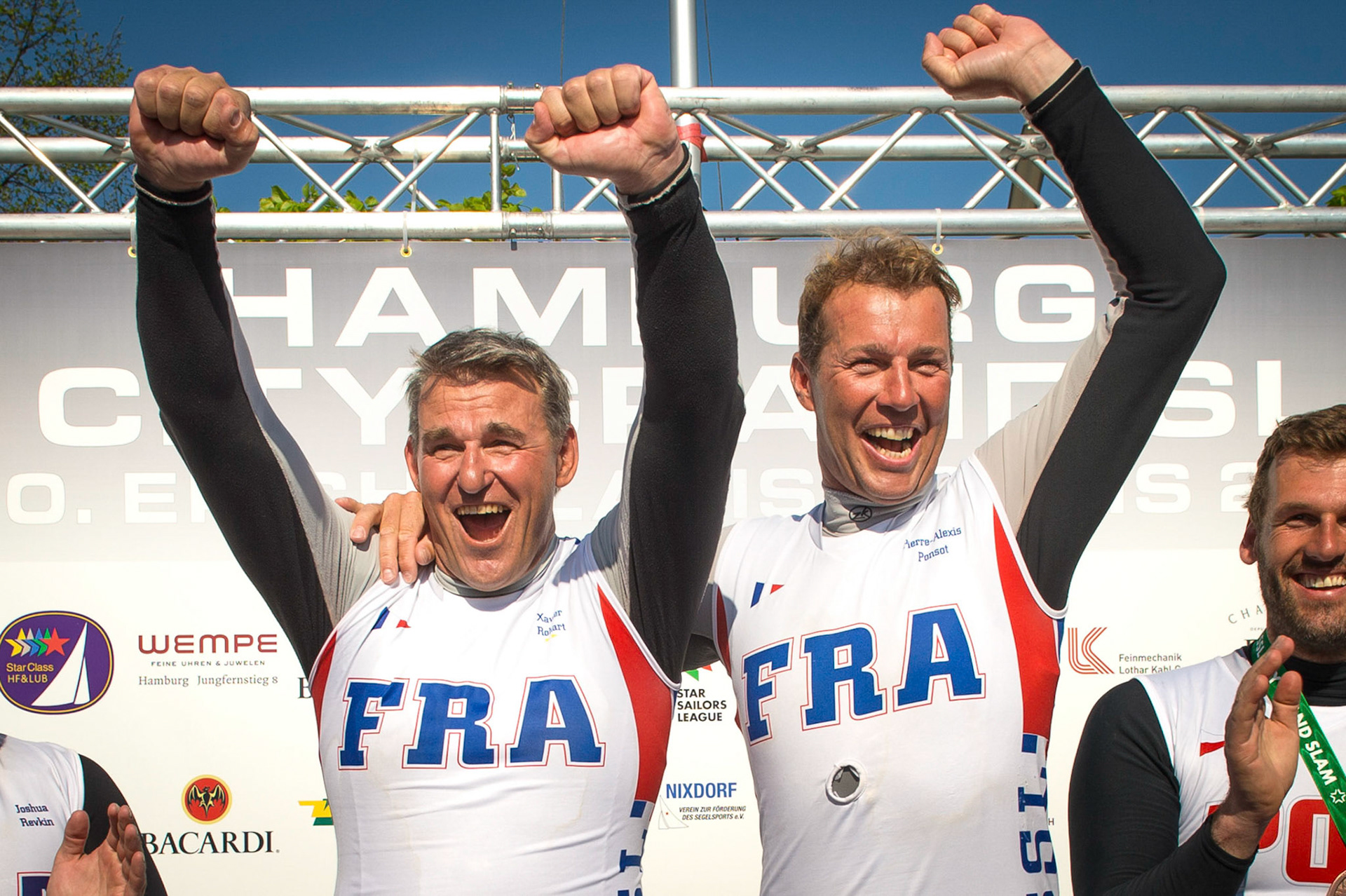 Podium of the first Star Sailors League City Grand Slam 2016 Hamburg: 1. Bow no: 004 // Sail: FRA 8237 // Skipper: Xavier ROHART // Crew: Pierre-Alexis PONSOT; 2. Bow no: 010 // Sail: NOR 8317 // Skipper: Eivind MELLEBY // Crew: Joshua REVKIN; 3. Bow no: 009 // Sail: POL 8404 // Skipper: Mateusz KUZNIEREWICZ // Crew: Dominik ZYCKI