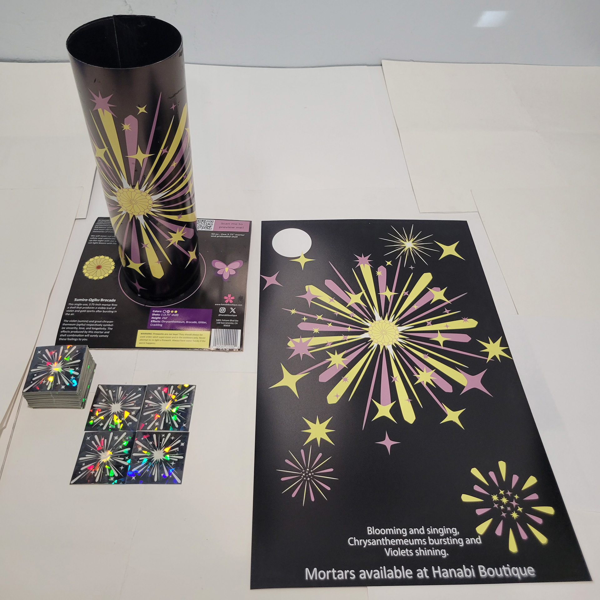 The chrysanthemum and violet themed set of package, poster, and stickers.