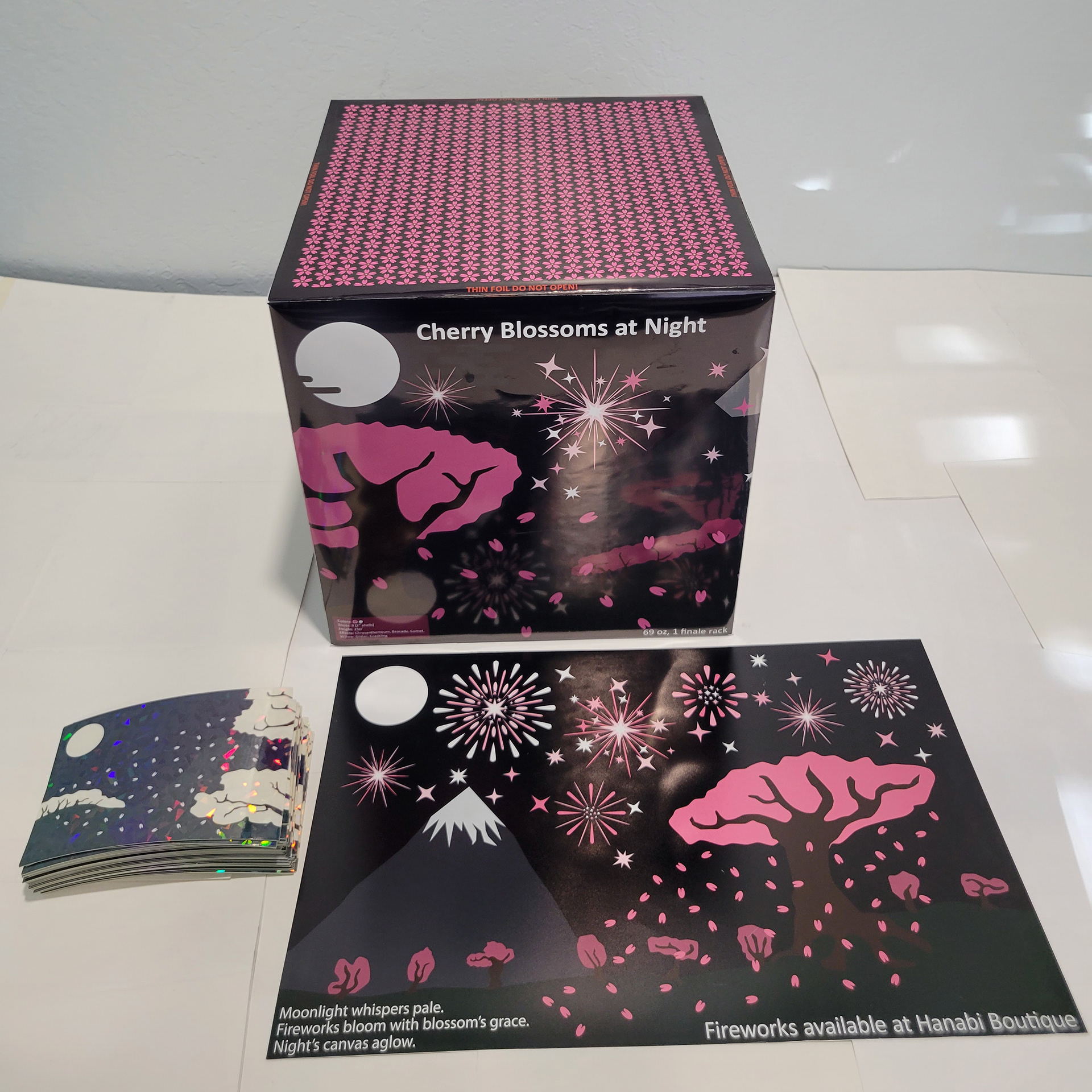The cherry blossom themed set of package, poster, and stickers.