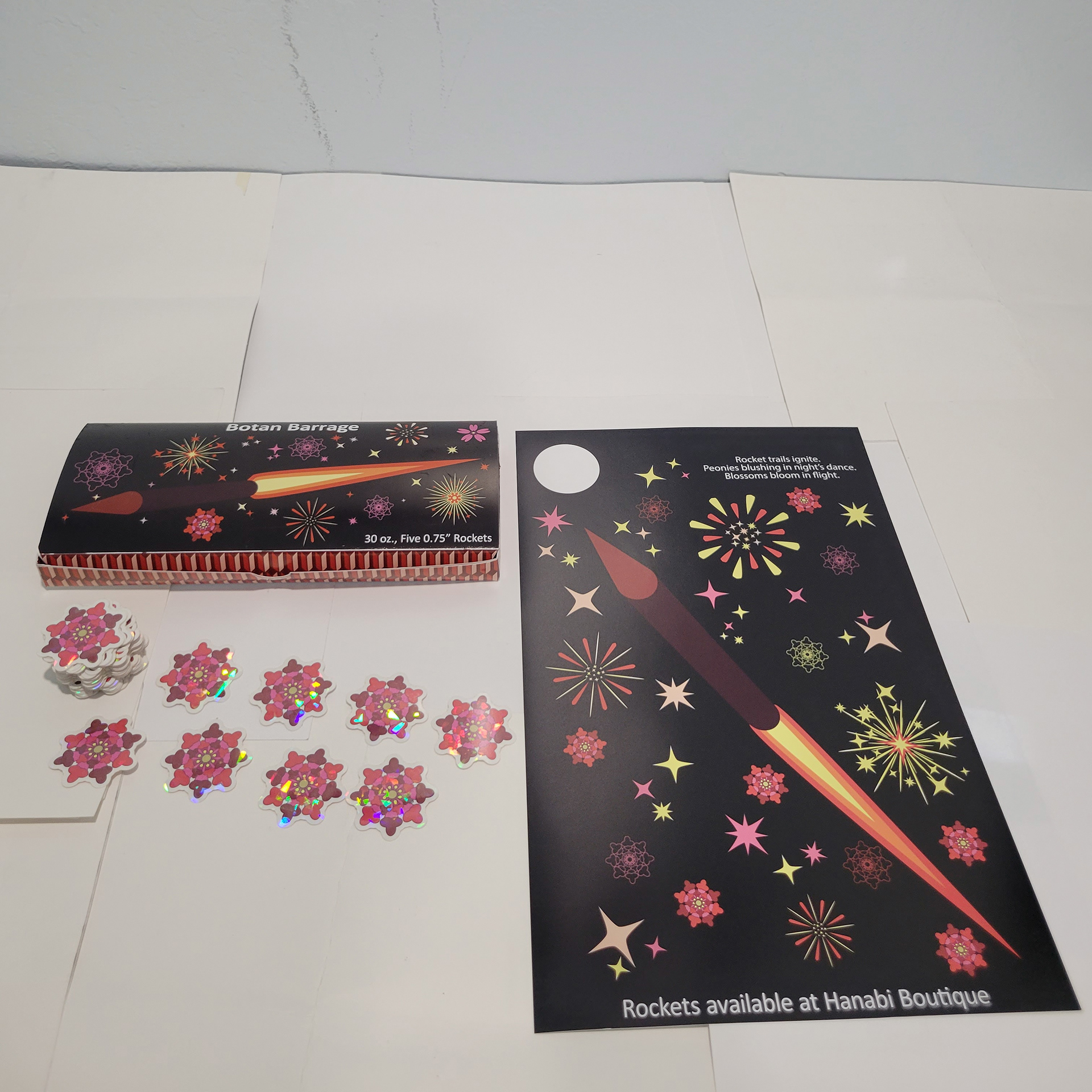The peony themed set of package, poster, and stickers.