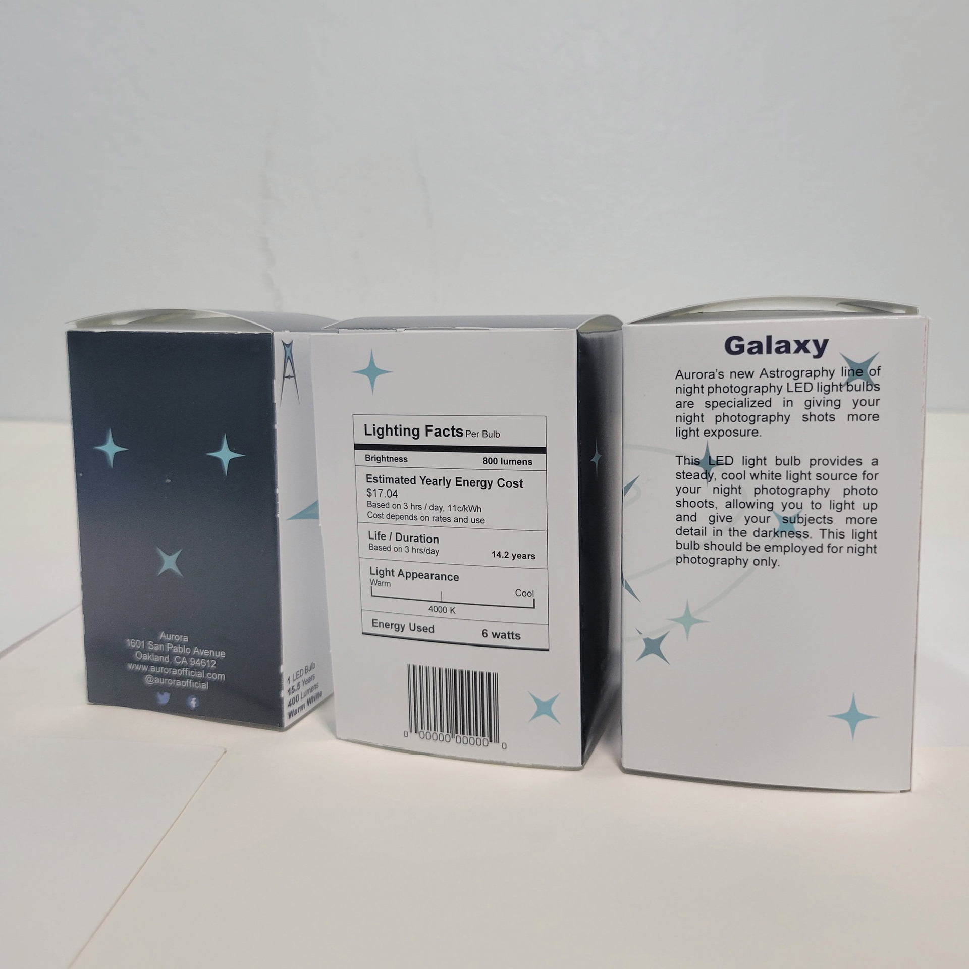 The sides of the packages feature various things such as contact and social info, lighting facts, and a product description.