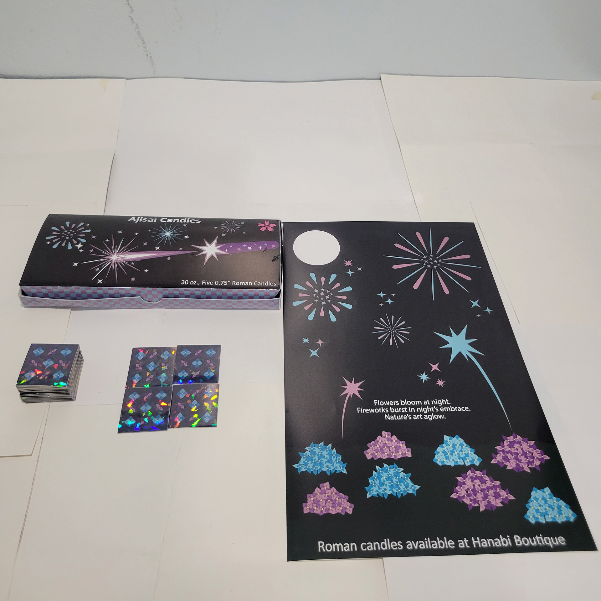 The hydrangea themed set of package, poster, and stickers.
