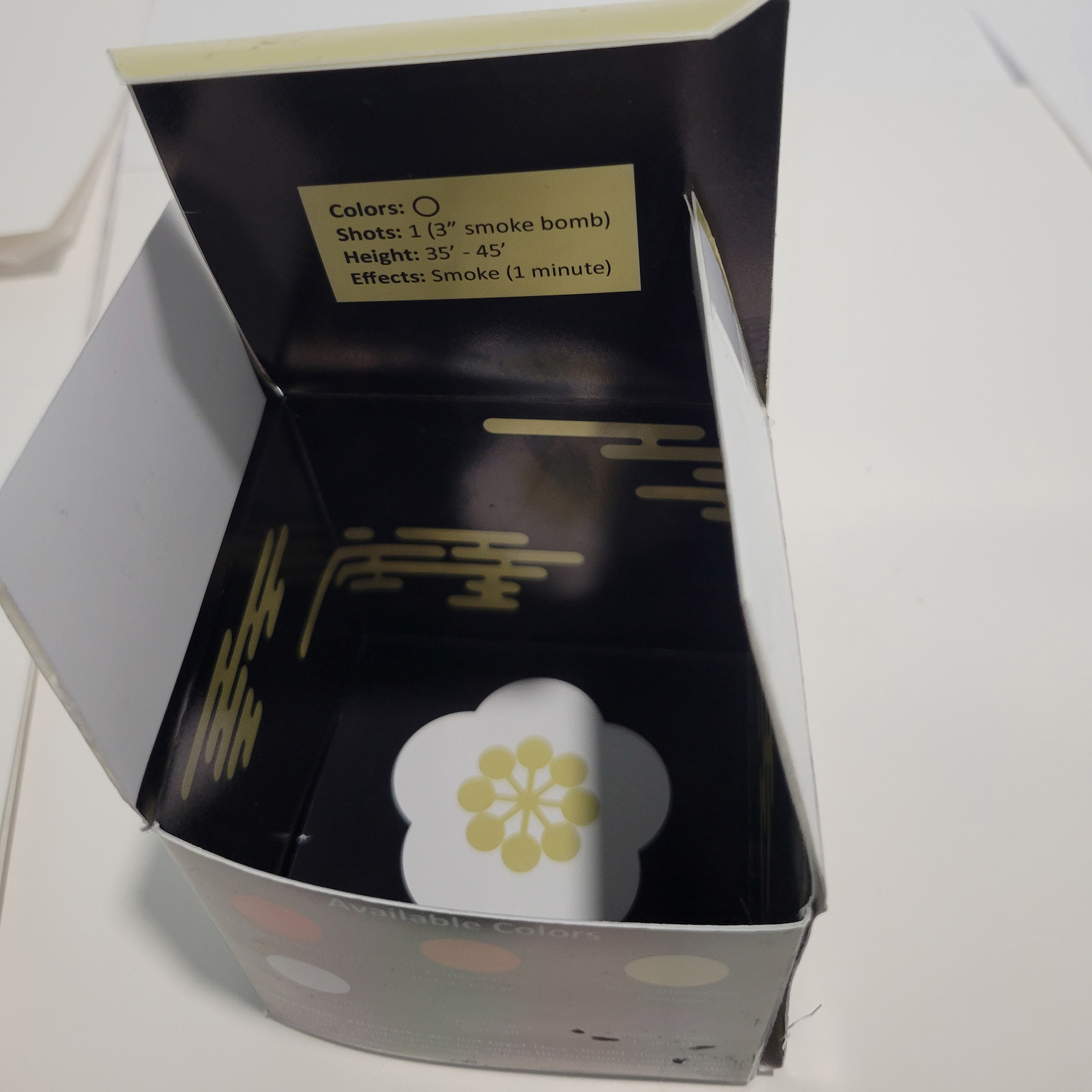 Internal shot of the smoke bomb box with a fact sheet.